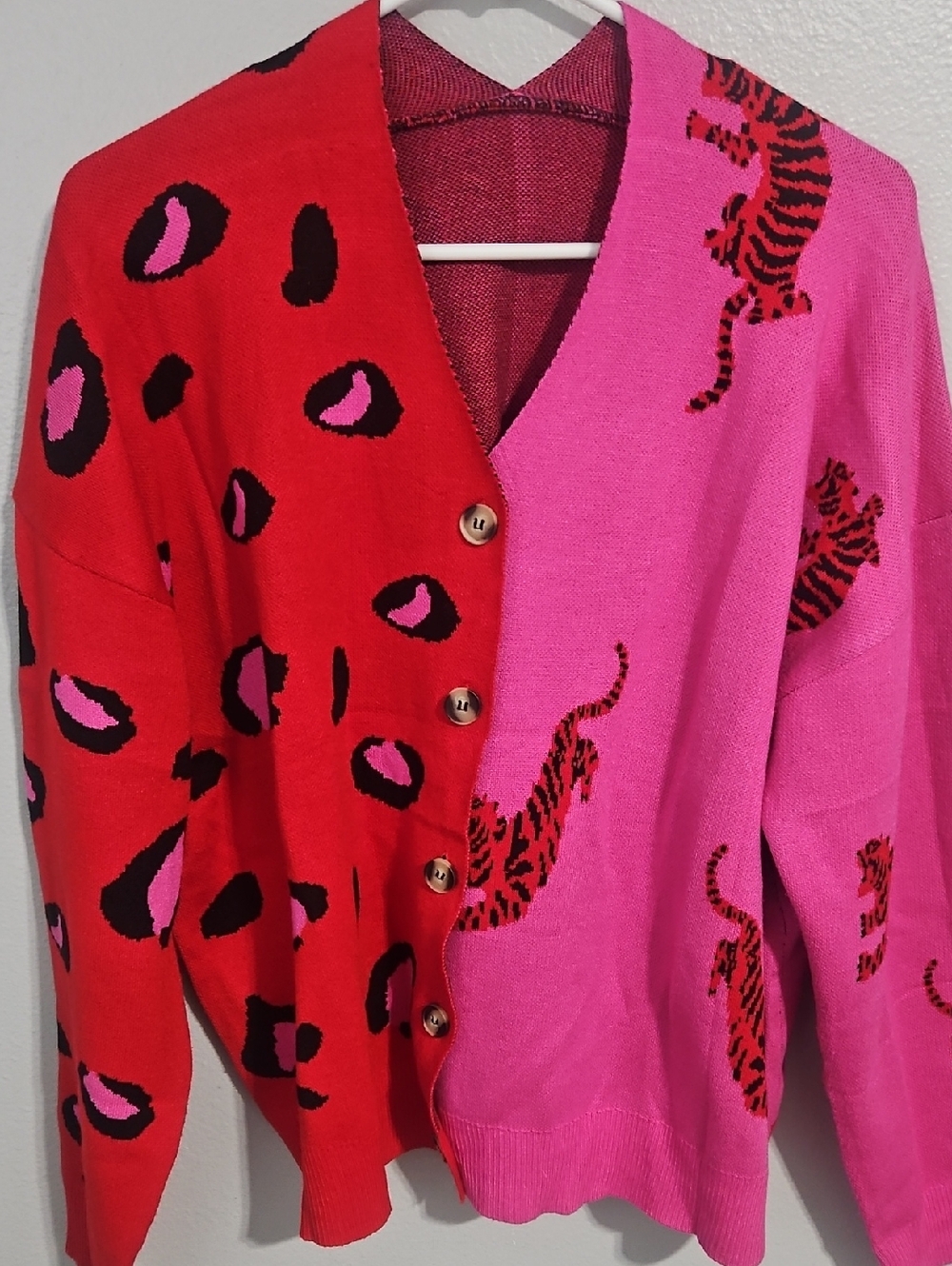 Bold Red and Pink Animal-Print V-Neck Cardigan Sweater
